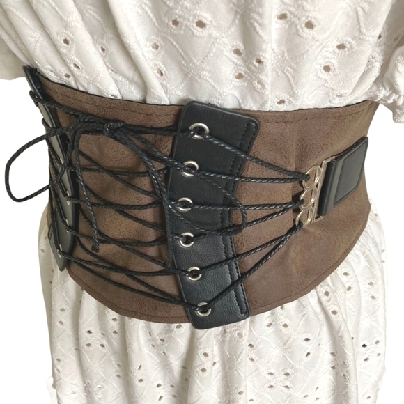 Wide waist brown corset Adjustable faux leather suede Steampunk Lace up Belt - Picture 5 of 12